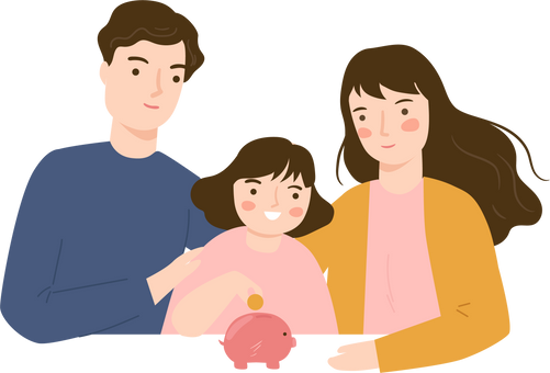 parents and children saving money in piggy bank