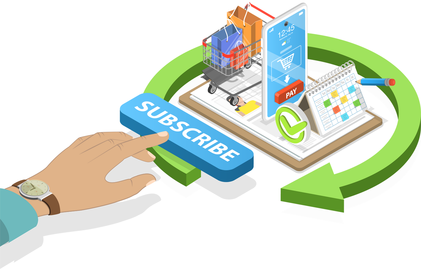 3D Isometric Flat  Conceptual Illustration of Online Subscription